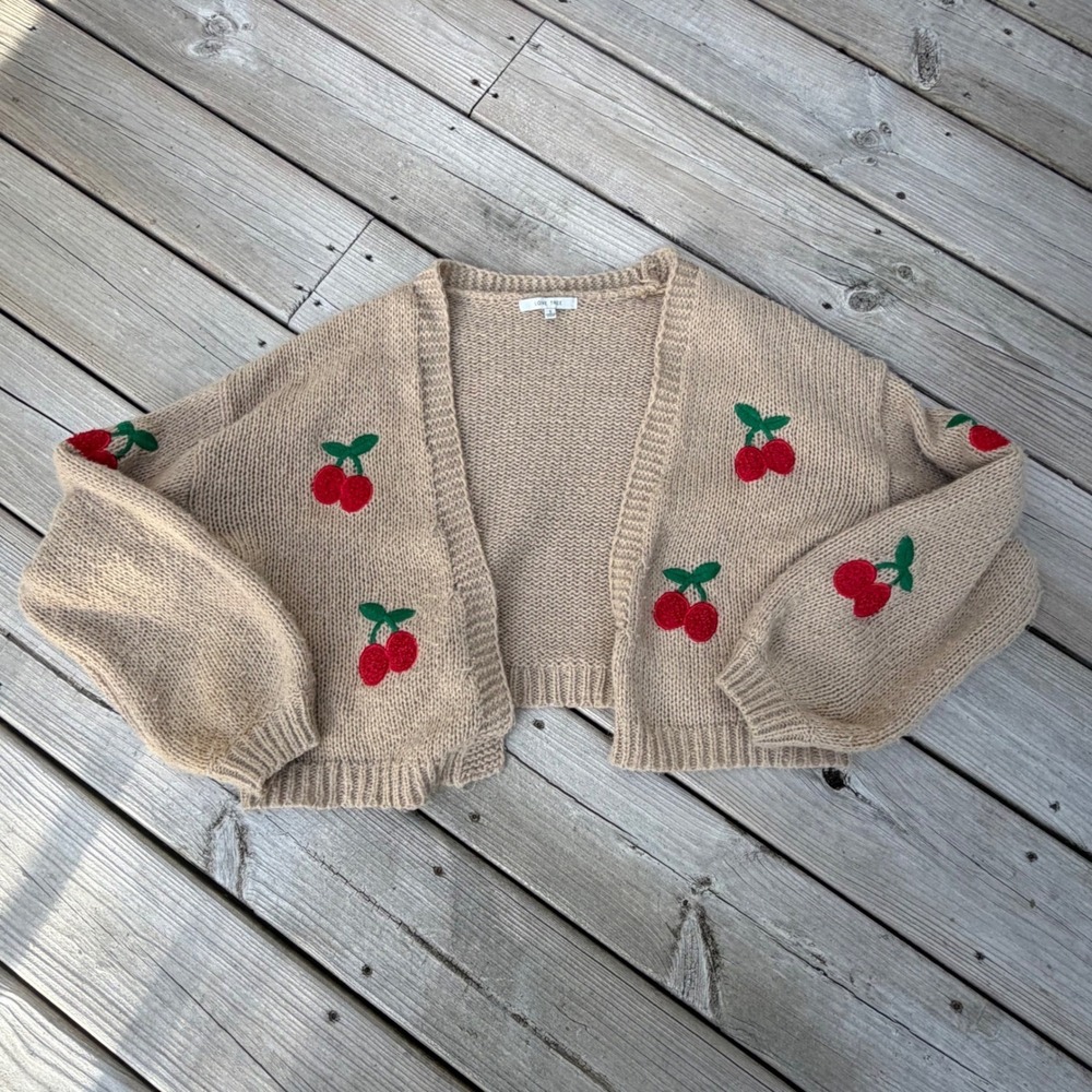 Love Tree Cherry Embroidered Cropped Cardigan Tan Beige Balloon Sleeve Small